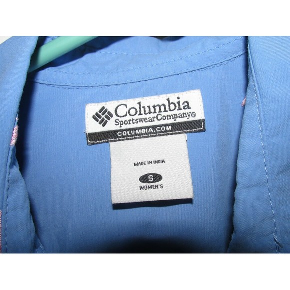 Columbia Shirt Short Sleeve Pink Flamingo Palm Trees Print Blue Color Size S - Picture 5 of 7